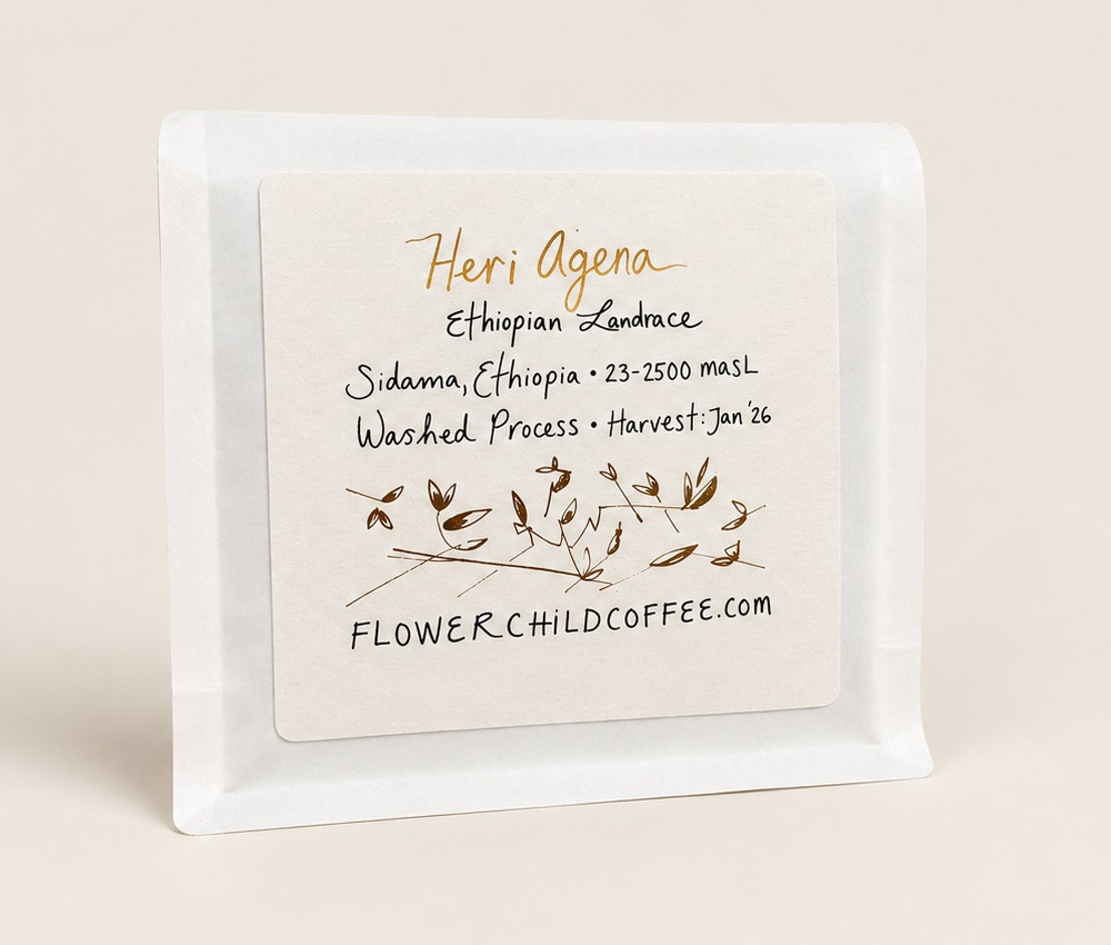 Flower Child Heri Agena coffee bag with its handwritten label